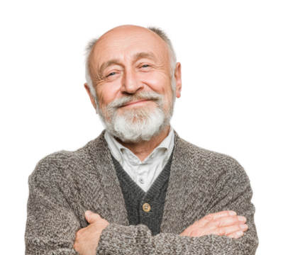 Smiling elderly man in sweater portrait warm environment isolated on transparent background