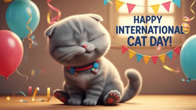 Adorable gray kitten celebrating Happy International Cat Day with festive balloons and confetti - Powered by Adobe