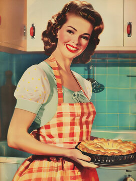 Smiling woman in apron holding a pie in a kitchen. 1950s vintage style. Perfect for retro ads and Mother's Day cards