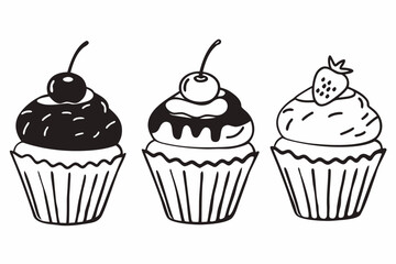 Three delicious cupcakes with cherries and strawberry topping