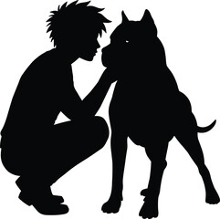 Silhouette man kneeling, dog interaction moment, pet bonding scene, love care connection, animal companionship illustration, human affection graphic icon