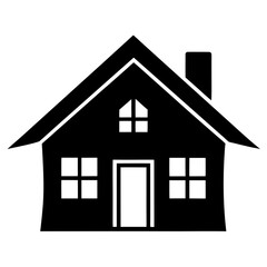 Simple black silhouette of a two story house with a chimney and multiple windows