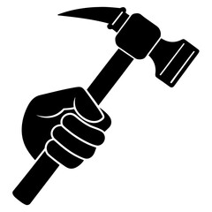 Black silhouette of a hand holding a hammer ready for work