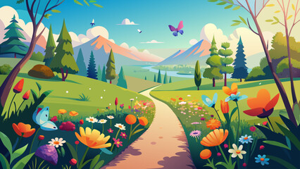 Fototapeta premium Vibrant spring meadow path leading to majestic mountains under a sunny sky