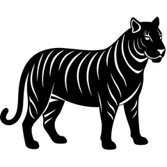 Stylized black silhouette of a majestic tiger standing proudly on a white background
