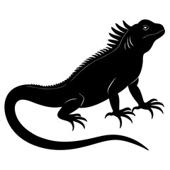 Black silhouette of an iguana with spiky dorsal crest and long tail on white background