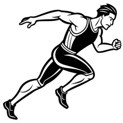 Dynamic black and white illustration of a determined athlete sprinting forward with speed