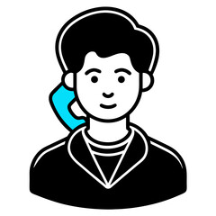 Stylized person icon with blue earbud and black clothing