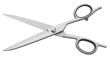 Open hairdressing scissors, sharp cutting tool isolated PNG with Transparent Background