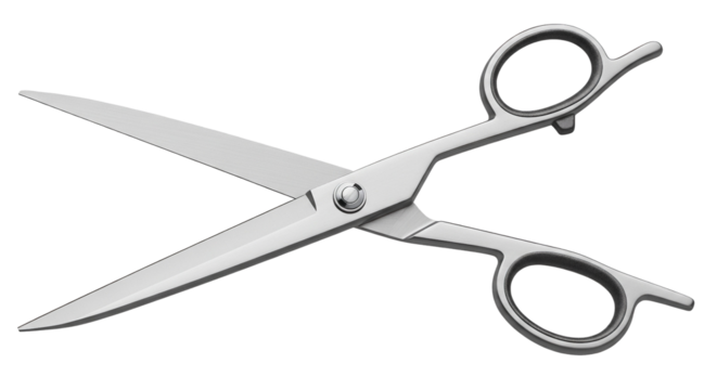 Open hairdressing scissors, sharp cutting tool isolated PNG with Transparent Background