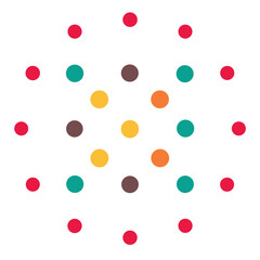 A symmetrical arrangement of colorful dots on a clean white background