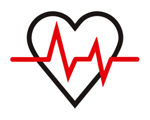 Iconic heartbeat symbol with red pulse line inside black heart outline