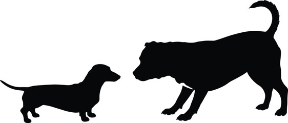 Silhouette of large and small dog facing each other, pet interaction scene, animal communication concept, black and white vector design