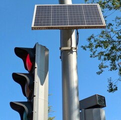 Vista de cerca de panel solar en semáforo de tráfico 