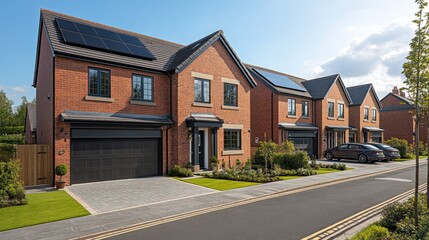 Row of new-build brick houses with solar panels