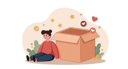 Youthful person and open cardboard box