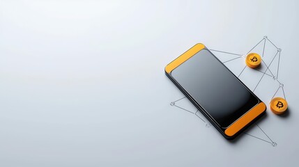 Smartphone on Desk with Cryptocurrency Coins and Digital Connection Concept
