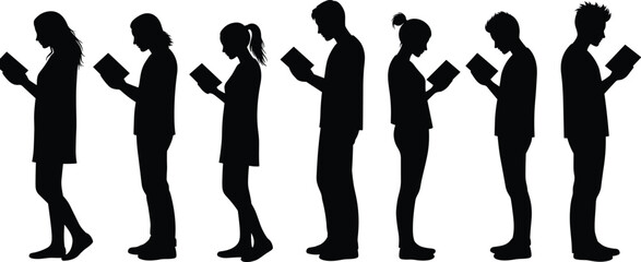 Silhouette people reading books, standing group illustration, diverse education theme, knowledge seekers, vector learning concept, black and white design