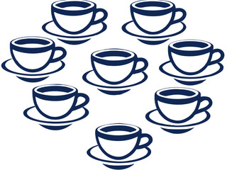 A collection of seven stylized dark blue coffee cups on saucers arranged in a circle