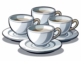 Four white ceramic coffee cups filled with light brown liquid and resting on saucers