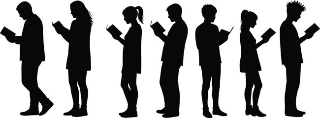 Silhouette people reading books, students studying together, education concept, learning illustration, diverse readers, knowledge sharing, vector art, black white theme