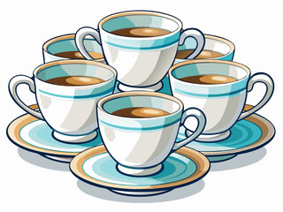 A collection of six white ceramic coffee cups with blue and gold trim filled with coffee