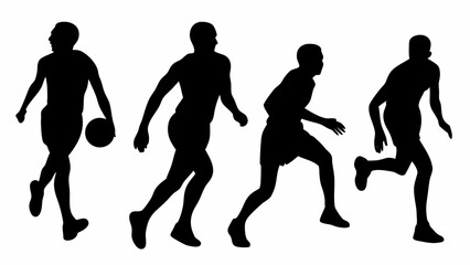Four silhouettes of basketball players in action on a white background