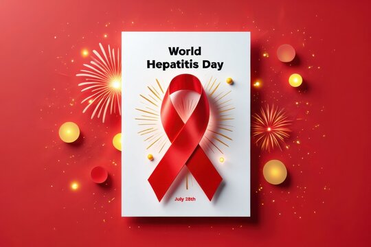 World hepatitis day awareness poster with a red ribbon and fireworks - Powered by Adobe