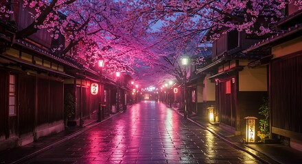 Illuminated japanese street with cherry blossoms at night