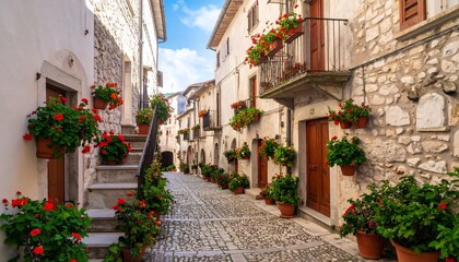 Naklejka premium Italian village alleyway filled with flowers