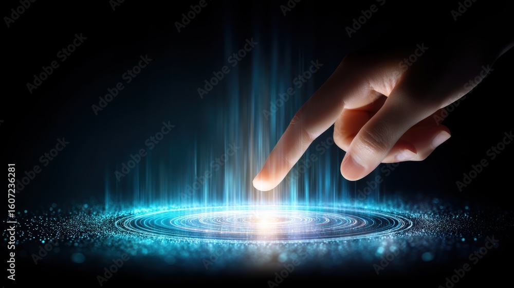 Poster a hand is shown interacting with a glowing, circular digital interface, symbolizing futuristic techn