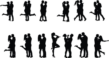 Silhouettes of romantic couples embracing, dancing, showing love and affection, emotional connection, black and white vector, intimate relationship concept