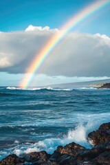 Fototapeta premium A vibrant rainbow arches over a churning ocean, meeting a dramatic sky. Rocky shore foreground