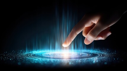 A hand is shown interacting with a glowing, circular digital interface, symbolizing futuristic technology and touch-based control systems, interactive-human-touch with AI