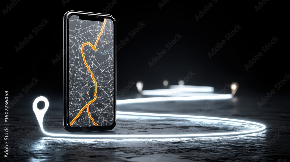 Aufkleber a smartphone displays a navigation map with a glowing route that extends off the screen, marked by i