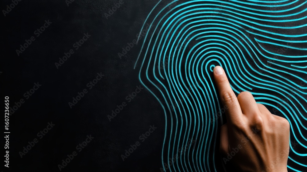 Poster a hand is pressing a fingerprint on a digital biometric interface with glowing blue lines against a 
