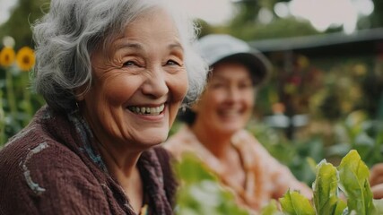 Elderly couple in a garden, smiling and laughing, enjoying the outdoors and their harvest.