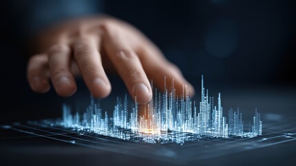 A hand interacts with a digital holographic cityscape projection, representing futuristic technology and smart city innovation, interactive-human-touch with AI