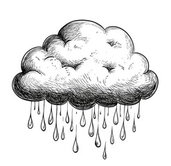 Hand-drawn black and white illustration of a cumulus cloud with rain