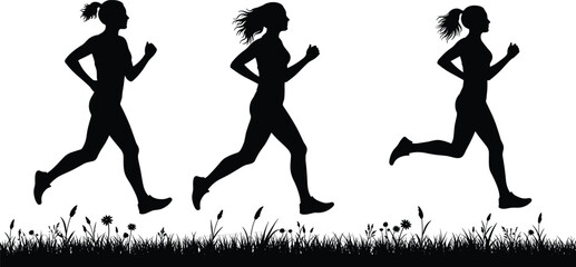 Women jogging silhouettes, fitness exercise outdoors, healthy lifestyle vector, nature workout concept, running posture group, grass background, active female illustration