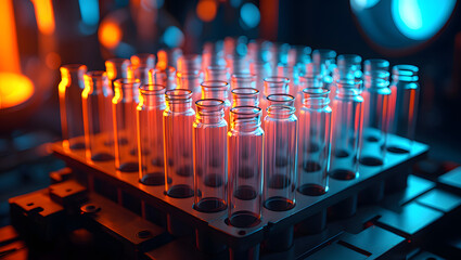  Test tubes with blue liquid water samples and pipette over blue background. Laboratory glassware, science laboratory research, perfect for depicting advancements in medicine and industrial technology