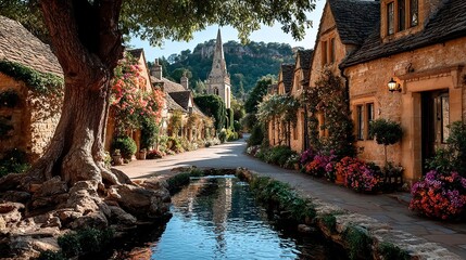 Charming countryside village with historic limestone homes, blooming flowers, peaceful stream, and iconic stone bridge, perfect summer day atmosphere --chaos 100 