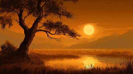 Naklejka premium A serene sunset over a tranquil lake, casting warm orange hues across the landscape.