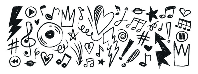 Crayon doodle set with music notes, punk lightnings, hearts, and stars. Hand-drawn graffiti-style elements and funky cute shapes for creative designs.
