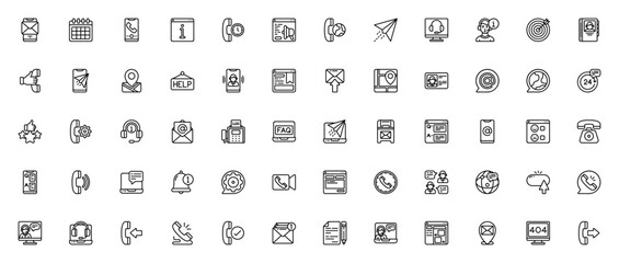 Contact Us icon set. Business communication vector icons. Includes mail, phone, chat, location, email, video call, customer service and more. Editable stroke style.