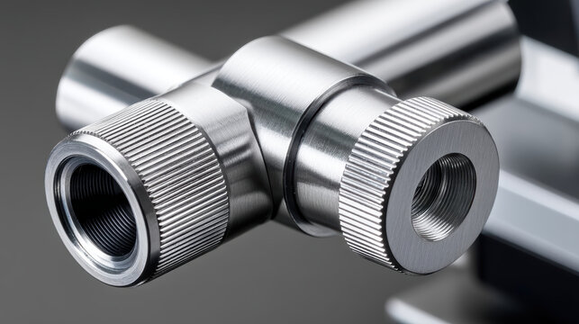 Close up of scientific microscope metal part with textured knobs and smooth surface in gray background