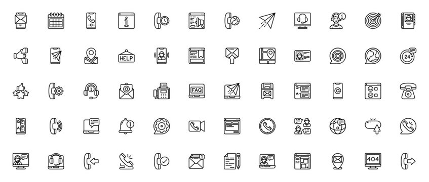 Contact Us icon set. Business communication vector icons. Includes mail, phone, chat, location, email, video call, customer service and more. Editable stroke style.