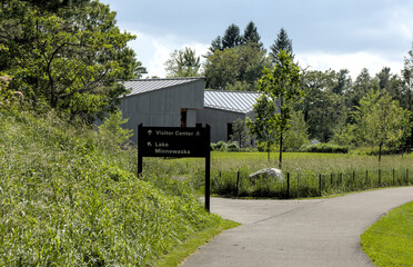 Lake Minnewaska visitor center building in famous popular state park in the Shawangunk mountains of New York.