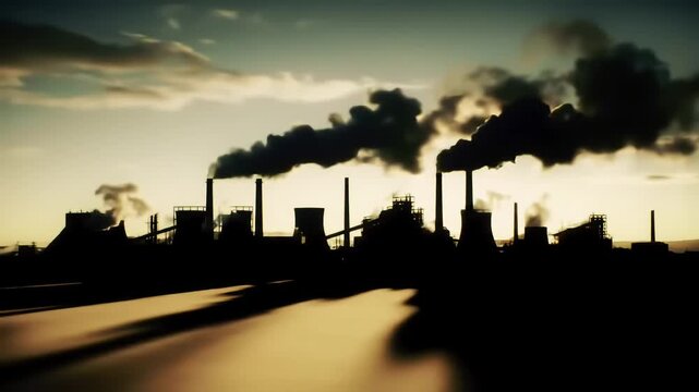 Sunset industrial plant silhouette, smoke plumes, environmental impact