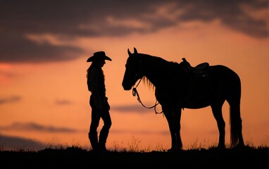 A silhouette of an American cowgirl standing beside her horse at sunset, symbolizing the bond between woman and animal in Western ranch life. 